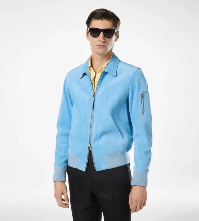Blouson cu guler din piele de căprioară și cașmir Blouson cu guler din piele de căprioară și cașmir