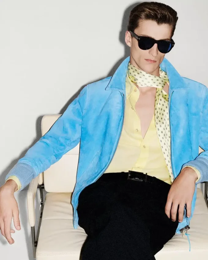 Blouson cu guler din piele de căprioară și cașmir Blouson cu guler din piele de căprioară și cașmir