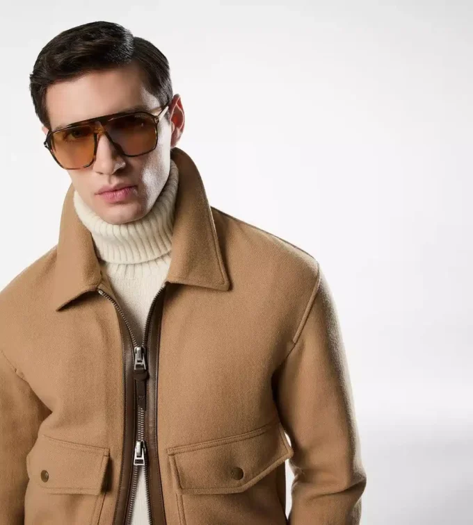 Blouson cu guler dublu detașabil din piele de oaie