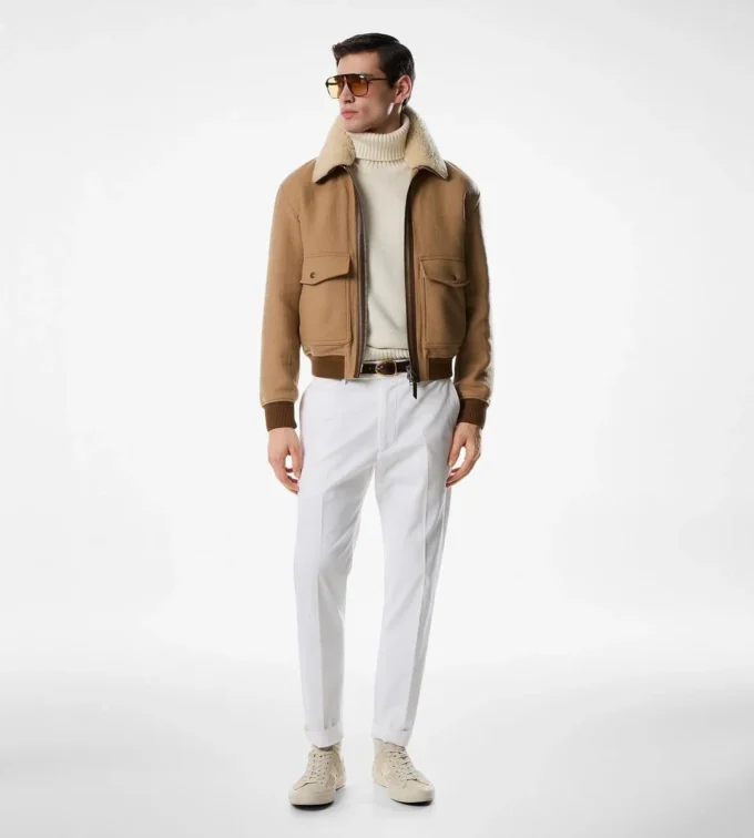 Blouson cu guler dublu detașabil din piele de oaie