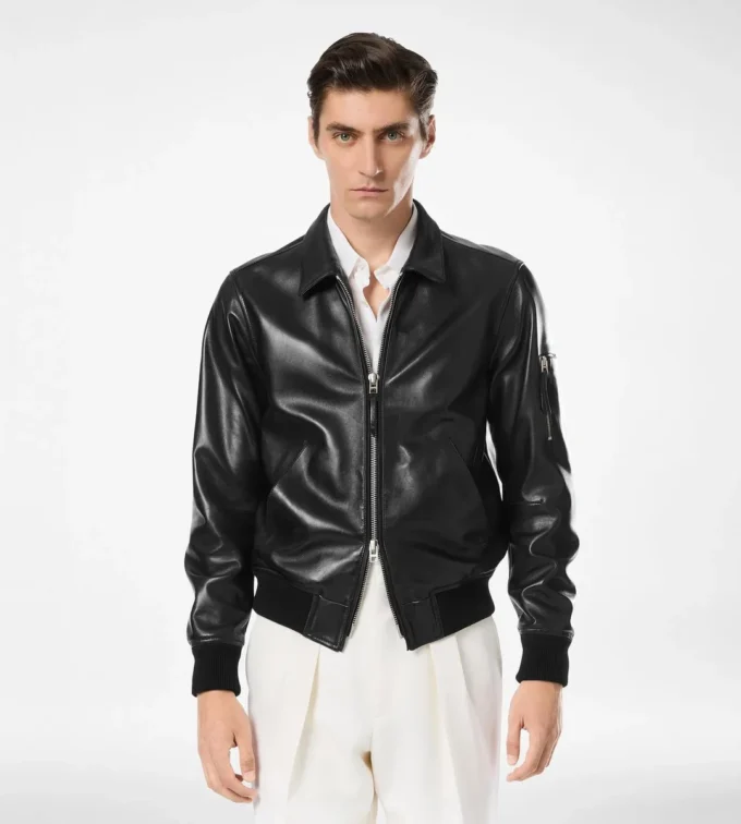 Blouson moale din piele Nappa Plonge cu guler