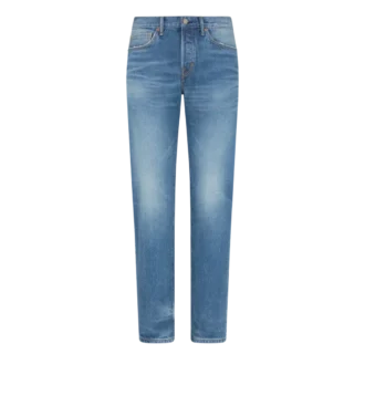 Blugi din denim albastru, cu croială dreaptă și margine dreaptă