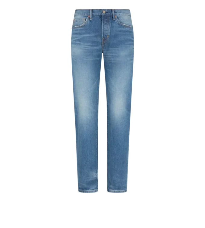 Blugi din denim albastru, cu croială dreaptă și margine dreaptă