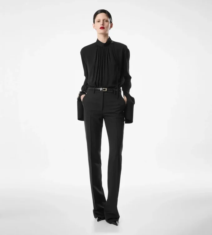 Bluză cu mâneci lungi din georgette de mătase spălată Bluză cu mâneci lungi din georgette de mătase spălată
