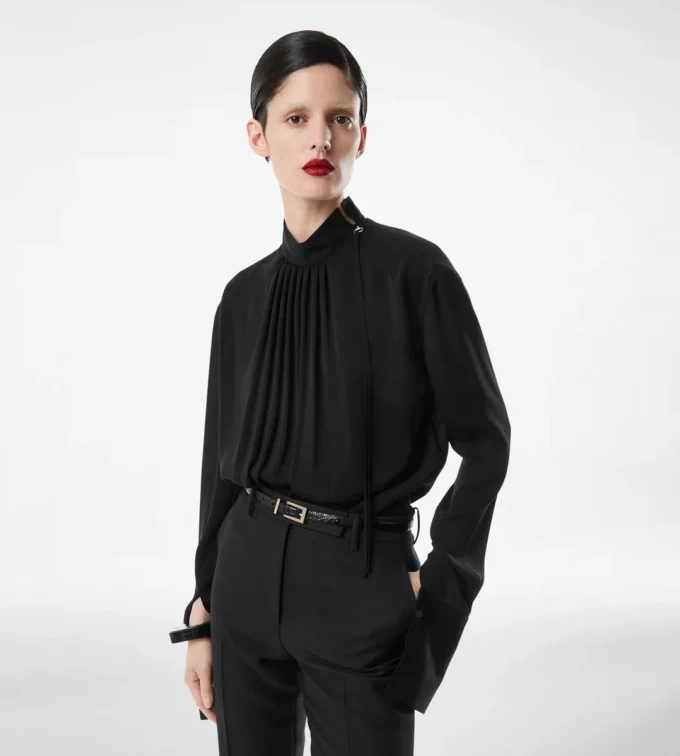 Bluză cu mâneci lungi din georgette de mătase spălată Bluză cu mâneci lungi din georgette de mătase spălată
