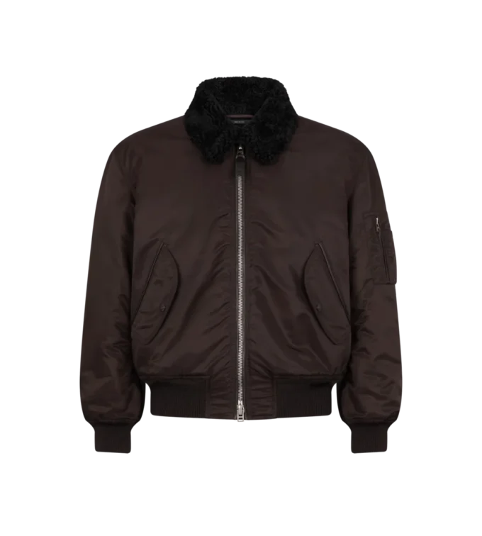 Bomber din nylon cu guler din piele de oaie Bomber din nylon cu guler din piele de oaie