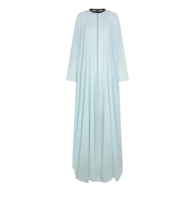 Caftan din georgette de mătase cu guler rotund și detalii din piele
