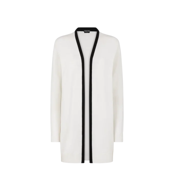 Cardigan deschis, de lungime medie, din merino piqué, cu borduri din satin Cardigan deschis, de lungime medie, din merino piqué, cu borduri din satin