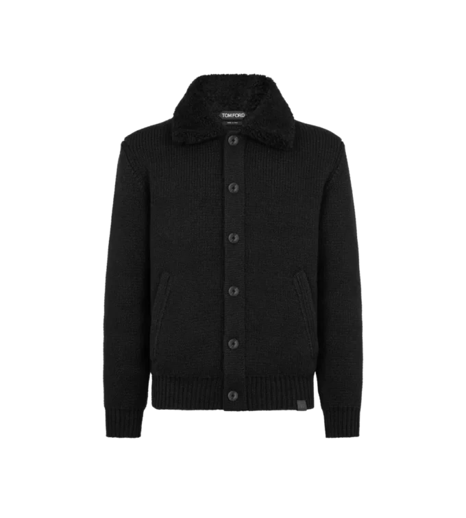 Cardigan din cașmir cu guler din piele de oaie Cardigan din cașmir cu guler din piele de oaie