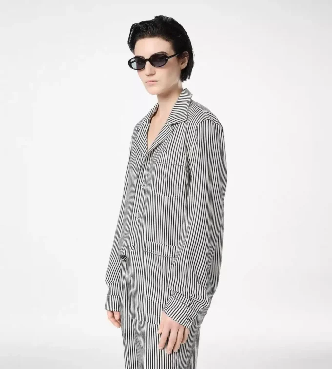 Cămașă de pijama din mătase cu dungi, cu bordură și logo brodat Tf în tonuri asortate Cămașă de pijama din mătase cu dungi, cu bordură și logo brodat Tf în tonuri asortate