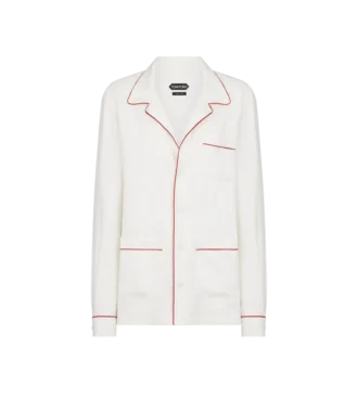 Cămașă de pijama din mătase twill cu bordură și logo brodat TF în tonuri asortate