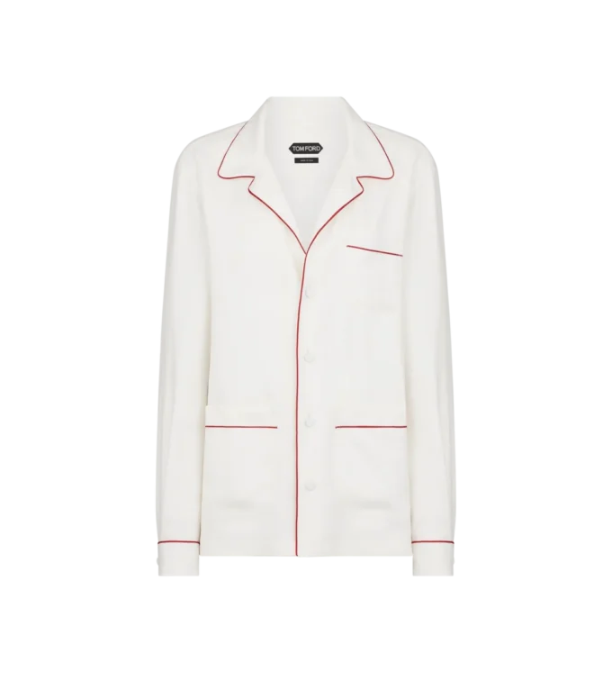 Cămașă de pijama din mătase twill cu bordură și logo brodat TF în tonuri asortate