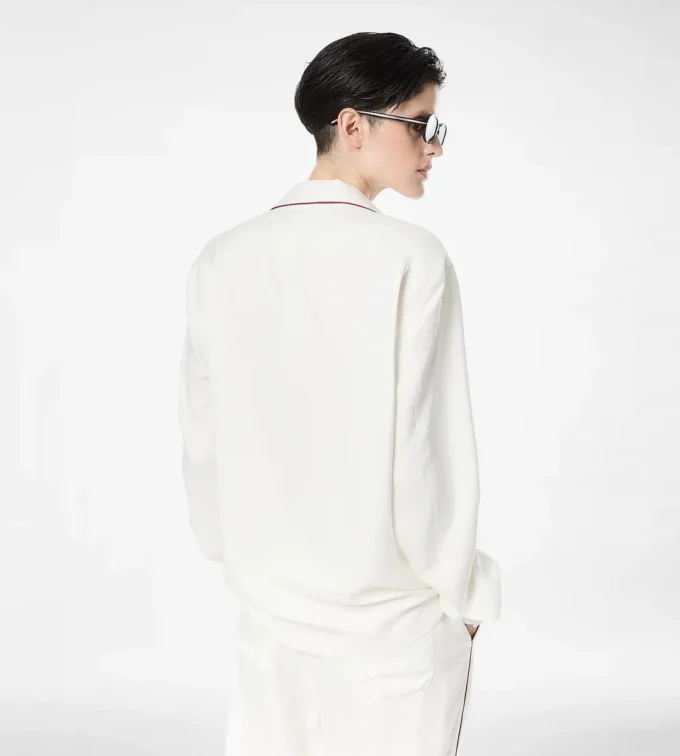 Cămașă de pijama din mătase twill cu bordură și logo brodat TF în tonuri asortate