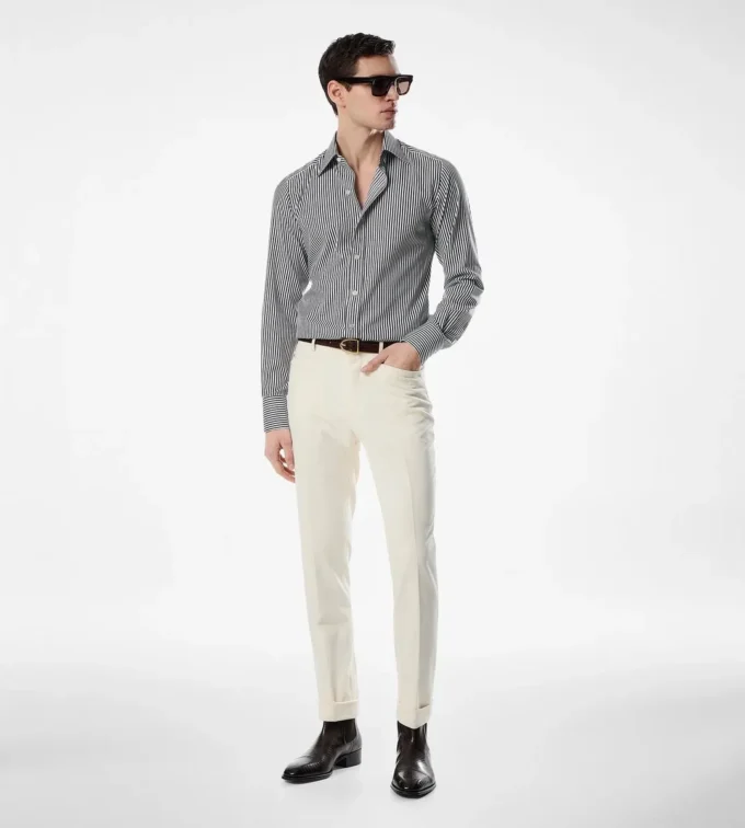 Cămașă slim fit din bumbac și mătase cu dungi
