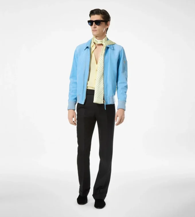 Blouson cu guler din piele de căprioară și cașmir Blouson cu guler din piele de căprioară și cașmir