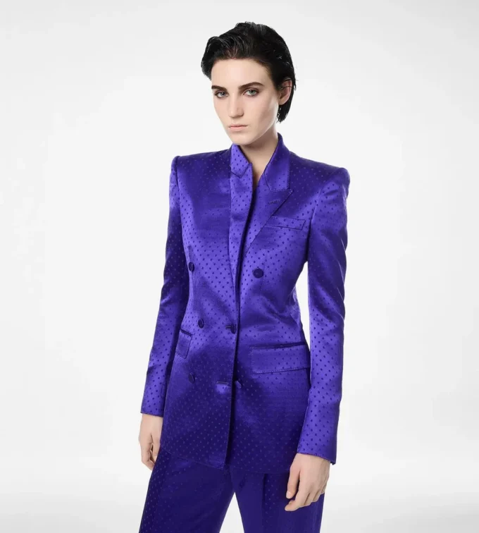 Jacheta cu rever dublu și nasturi, din jacquard cu buline Jacheta cu rever dublu și nasturi, din jacquard cu buline