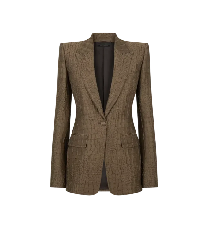 Jacheta cu un singur rând de nasturi și rever ascuțit din jacquard croco Jacheta cu un singur rând de nasturi și rever ascuțit din jacquard croco