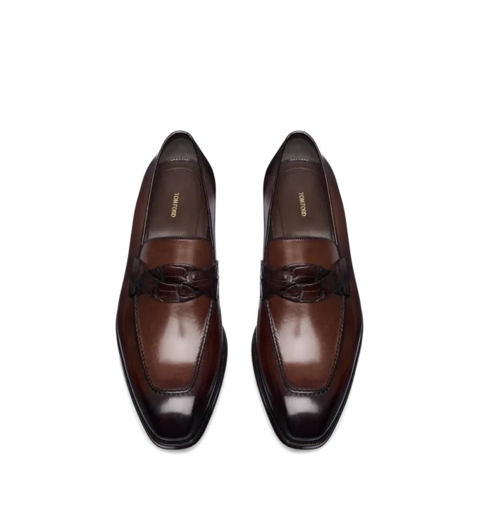 Mocasini din piele lustruită și piele de aligator Elkan Twisted Band Mocasini din piele lustruită și piele de aligator Elkan Twisted Band