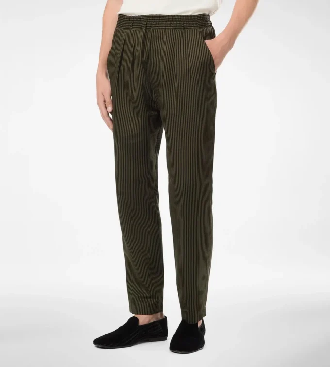Pantaloni de casual din bumbac și mătase cu dungi Bengal și pliuri