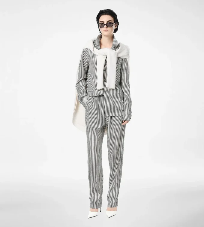 Pantaloni de pijama din mătase cu dungi și bordură Pantaloni de pijama din mătase cu dungi și bordură