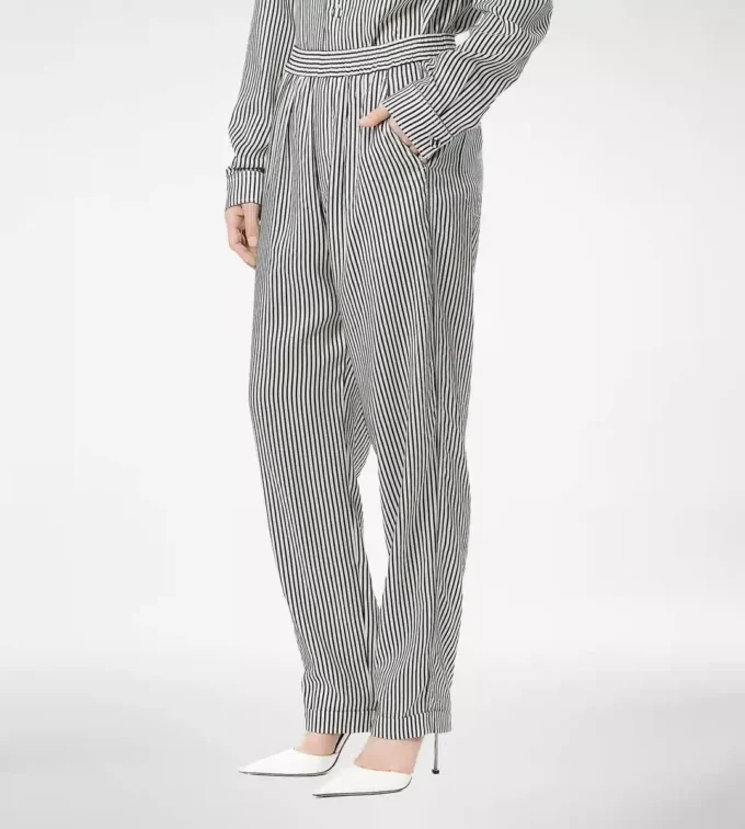 Pantaloni de pijama din mătase cu dungi și bordură Pantaloni de pijama din mătase cu dungi și bordură