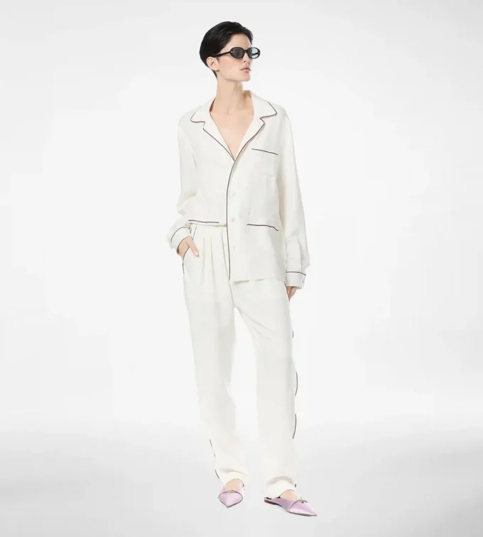 Pantaloni de pijama din mătase twill cu bordură Pantaloni de pijama din mătase twill cu bordură