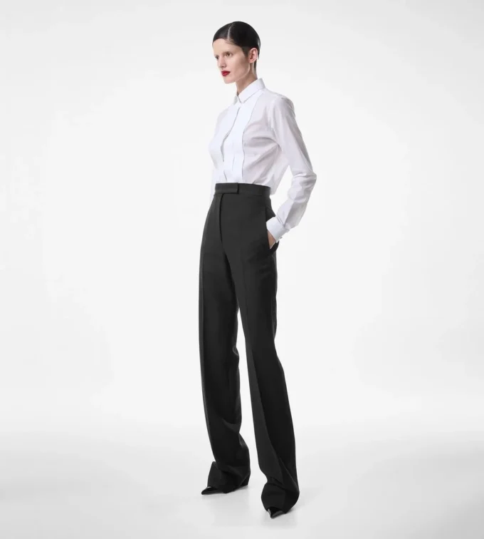 Pantaloni de smoking cu talie înaltă din amestec de lână și mătase Pantaloni de smoking cu talie înaltă din amestec de lână și mătase