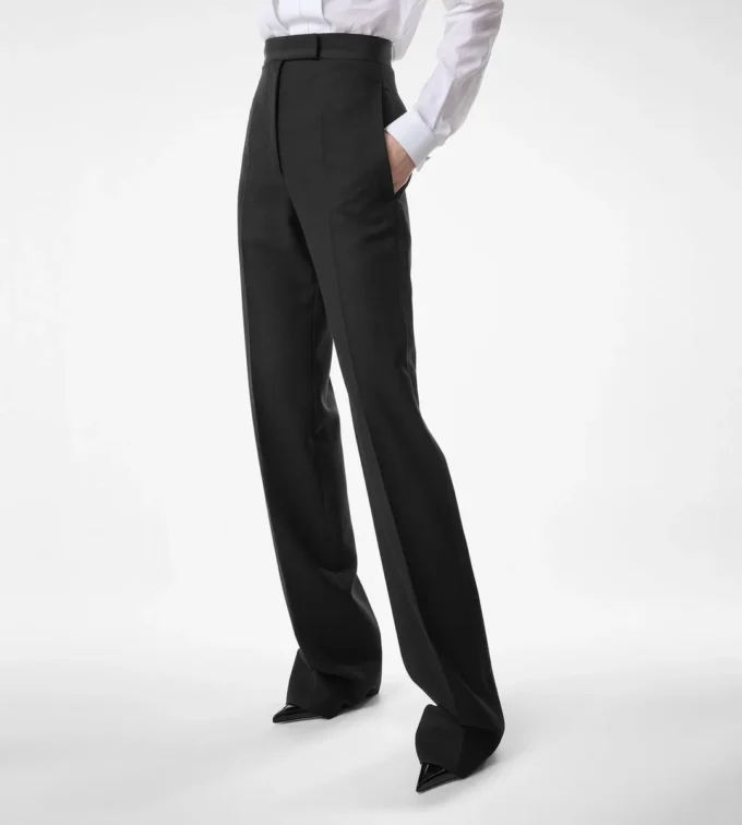 Pantaloni de smoking cu talie înaltă din amestec de lână și mătase Pantaloni de smoking cu talie înaltă din amestec de lână și mătase