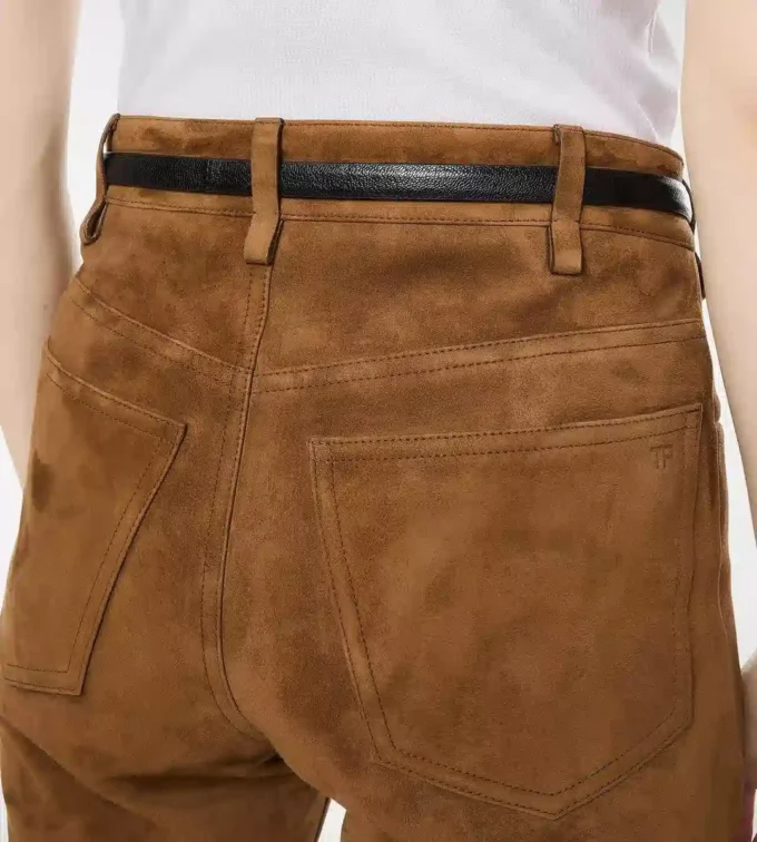 Pantaloni din piele de miel cu cinci buzunare și logo Tf în relief Pantaloni din piele de miel cu cinci buzunare și logo Tf în relief