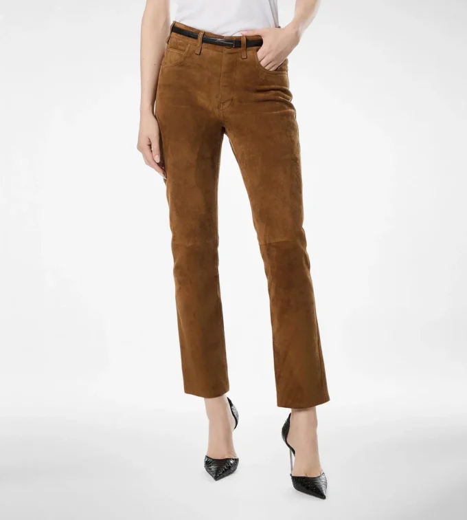 Pantaloni din piele de miel cu cinci buzunare și logo Tf în relief Pantaloni din piele de miel cu cinci buzunare și logo Tf în relief