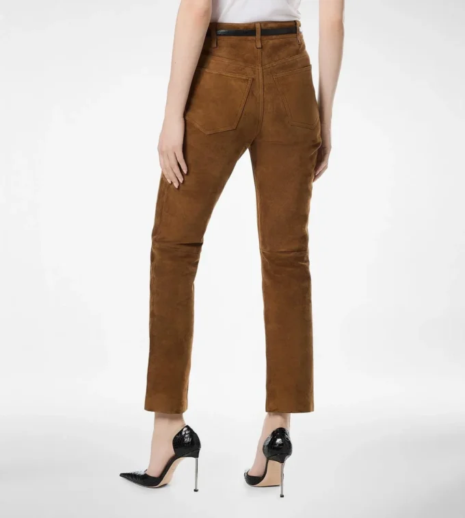 Pantaloni din piele de miel cu cinci buzunare și logo Tf în relief Pantaloni din piele de miel cu cinci buzunare și logo Tf în relief