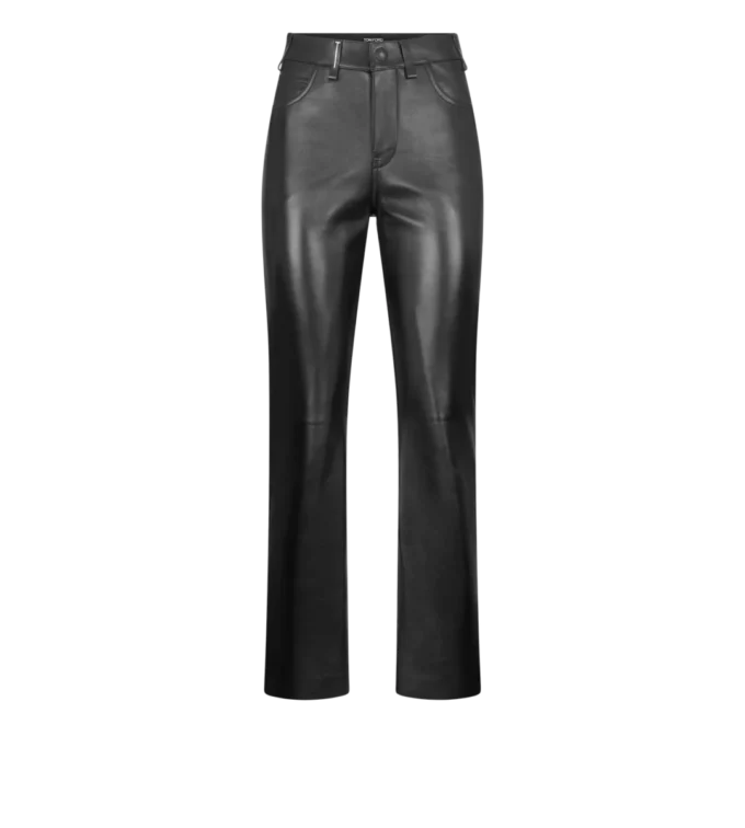 Pantaloni din piele nappa cu cinci buzunare și logo Tf în relief Pantaloni din piele nappa cu cinci buzunare și logo Tf în relief