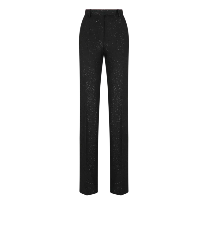 Pantaloni drepți croiți din crep din amestec de lână cu paiete Pantaloni drepți croiți din crep din amestec de lână cu paiete