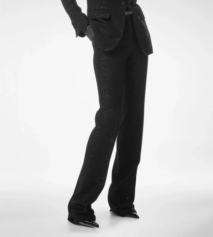 Pantaloni drepți croiți din crep din amestec de lână cu paiete Pantaloni drepți croiți din crep din amestec de lână cu paiete