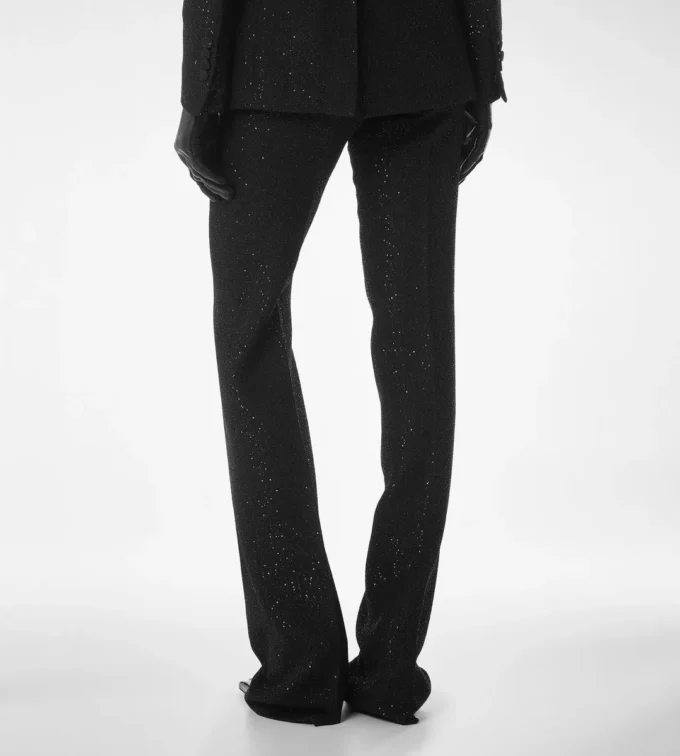 Pantaloni drepți croiți din crep din amestec de lână cu paiete Pantaloni drepți croiți din crep din amestec de lână cu paiete