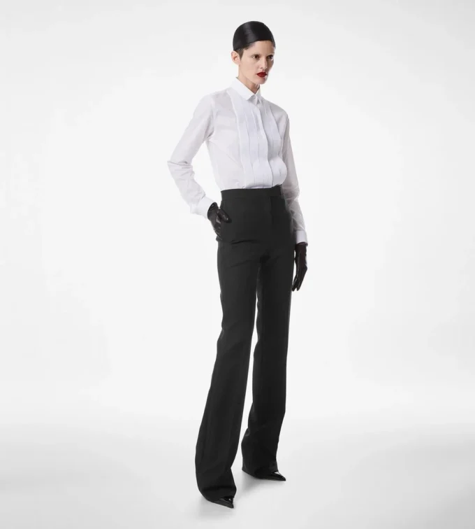 Pantaloni drepți de smoking din amestec de lână și mătase Pantaloni drepți de smoking din amestec de lână și mătase