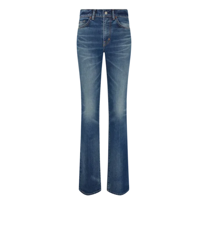 Pantaloni evazați din denim brut elastic Pantaloni evazați din denim brut elastic