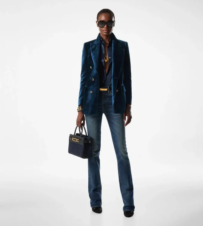 Pantaloni evazați din denim brut elastic Pantaloni evazați din denim brut elastic