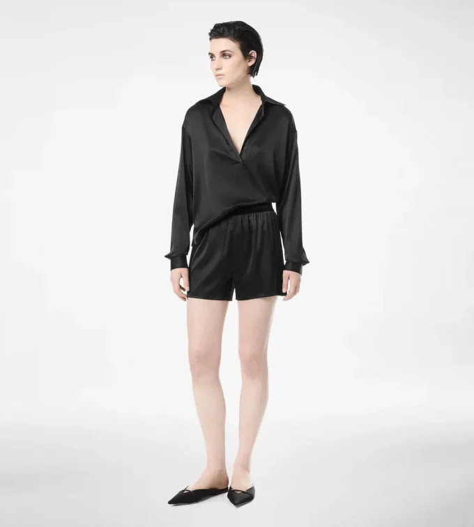 Polo din satin de mătase elastic cu logo brodat Tf în tonuri similare