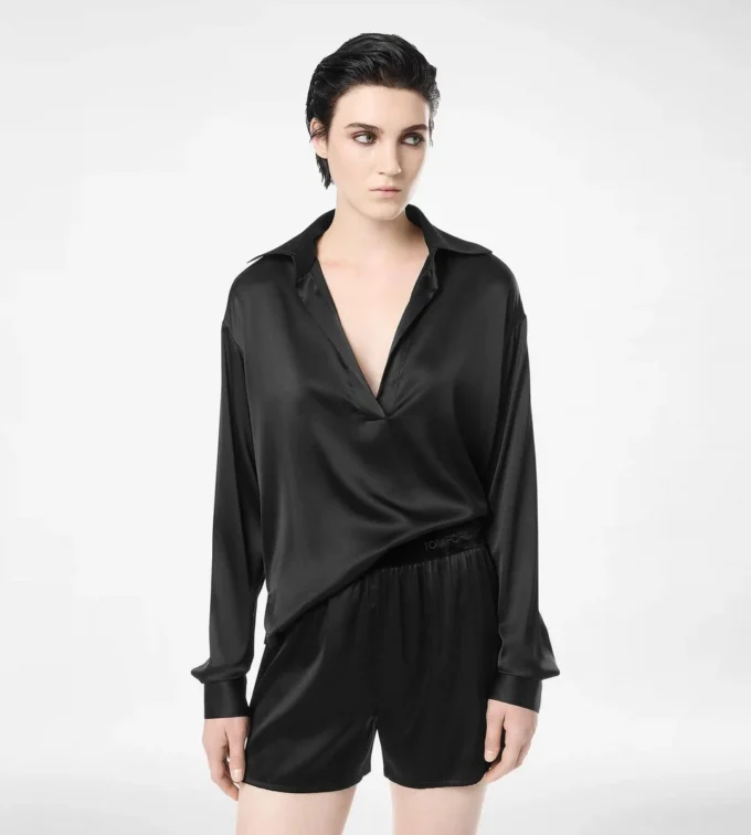 Polo din satin de mătase elastic cu logo brodat Tf în tonuri similare