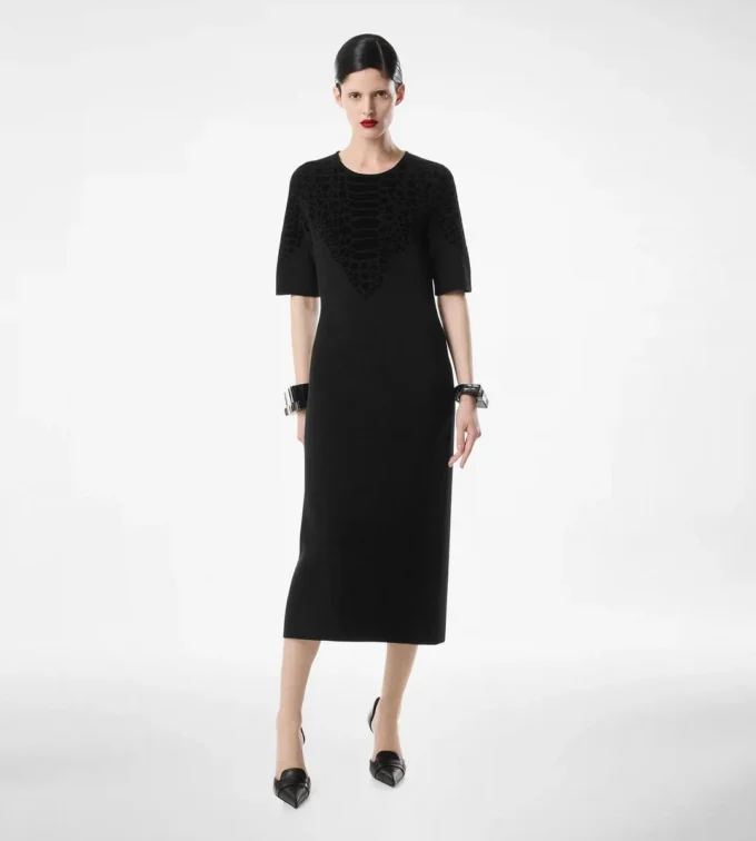 Rochie cu guler rotund din mătase chenille cu imprimeu piton Rochie cu guler rotund din mătase chenille cu imprimeu piton