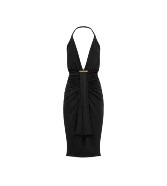 Rochie de cocktail cu decolteu în V și detaliu drapat în formă de cascadă în partea din față