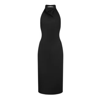 Rochie de cocktail din mătase cu gât halter și spate decupat