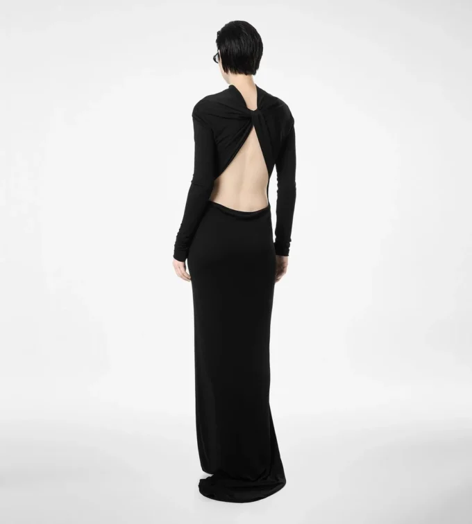 Rochie de seară asimetrică cu mâneci lungi și spate răsucit Rochie de seară asimetrică cu mâneci lungi și spate răsucit
