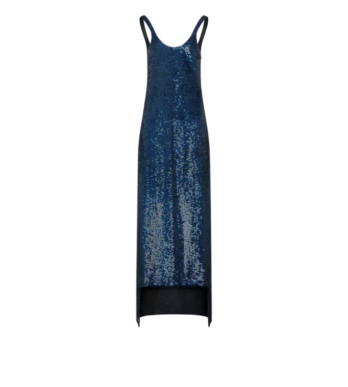 Rochie de seară asimetrică, fără mâneci, din mătase brodată cu paiete Rochie de seară asimetrică, fără mâneci, din mătase brodată cu paiete