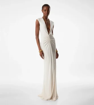 Rochie de seară cu decolteu adânc în V din jersey elastic „Sable”