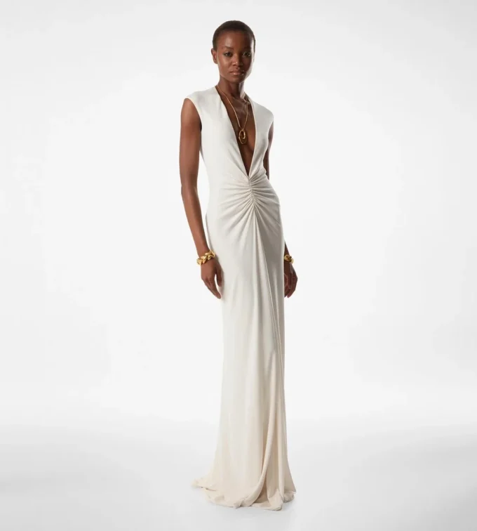 Rochie de seară cu decolteu adânc în V din jersey elastic „Sable” Rochie de seară cu decolteu adânc în V din jersey elastic „Sable”