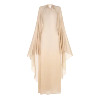 Rochie de seară cu decolteu în formă de lacăt și capă asimetrică