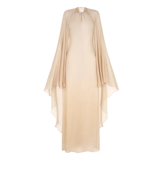 Rochie de seară cu decolteu în formă de lacăt și capă asimetrică