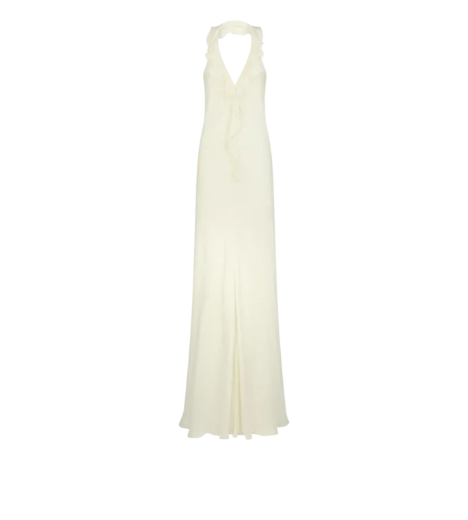 Rochie de seară cu gât halter și detaliu volan Rochie de seară cu gât halter și detaliu volan